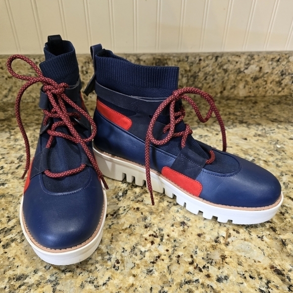 FITFLOP GLACE KNIT LEATHER MIDNIGHT NAVY RED LACE UP ANKLE BOOTS WOMEN'S 9 - Picture 1 of 8